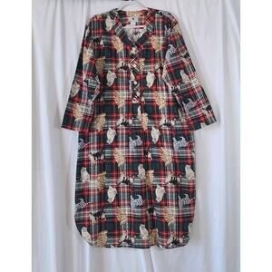 Vintage Eileen West Cotton Red Green Plaid Cats Flannel Night Gown Small